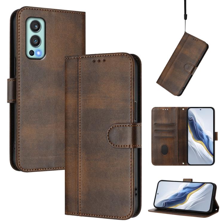 Line Splicing Buckle Retro Leather Phone Case, For OnePlus Nord CE 5G, For OnePlus Nord 2 5G, For OnePlus 9 Pro