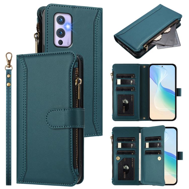 Magnetic Closure 9 Card Slots Zipper Leather Case with Hand Strap, For OnePlus 9R / 8T, For OnePlus Nord 2 5G, For OnePlus 9 Pro, For OnePlus 9
