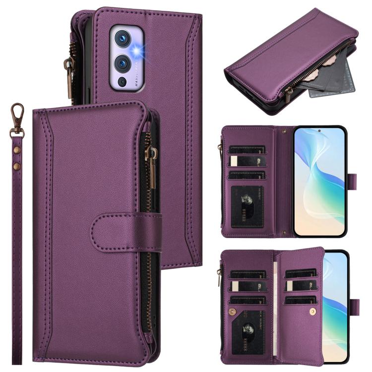 Magnetic Closure 9 Card Slots Zipper Leather Case with Hand Strap, For OnePlus 9R / 8T, For OnePlus Nord 2 5G, For OnePlus 9 Pro, For OnePlus 9