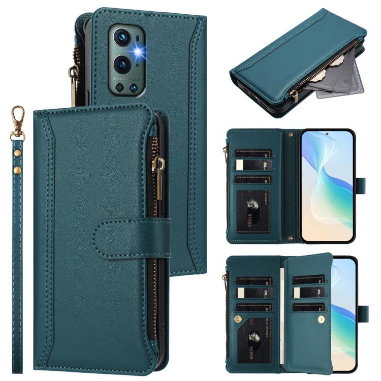 Magnetic Closure 9 Card Slots Zipper Leather Case with Hand Strap, For OnePlus 9R / 8T, For OnePlus Nord 2 5G, For OnePlus 9 Pro, For OnePlus 9