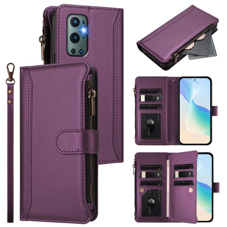 Magnetic Closure 9 Card Slots Zipper Leather Case with Hand Strap, For OnePlus 9R / 8T, For OnePlus Nord 2 5G, For OnePlus 9 Pro, For OnePlus 9