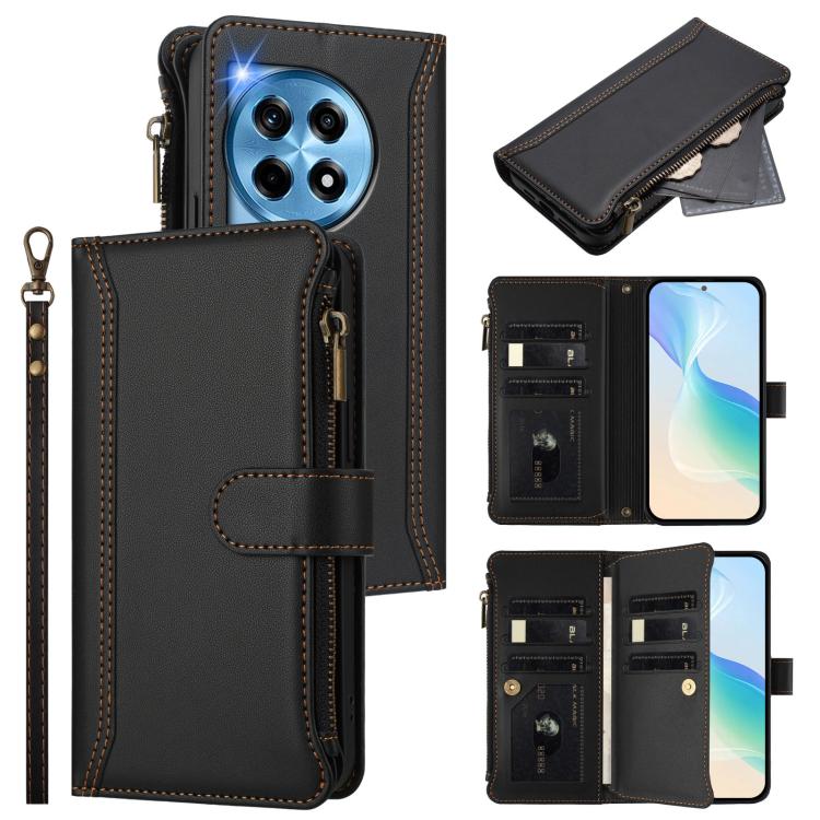 Magnetic Closure 9 Card Slots Zipper Leather Case with Hand Strap, For OnePlus Nord N30 SE 5G, For OnePlus 12R 5G Global, For OnePlus 12 5G Global, For OnePlus Ace 2 Pro 5G