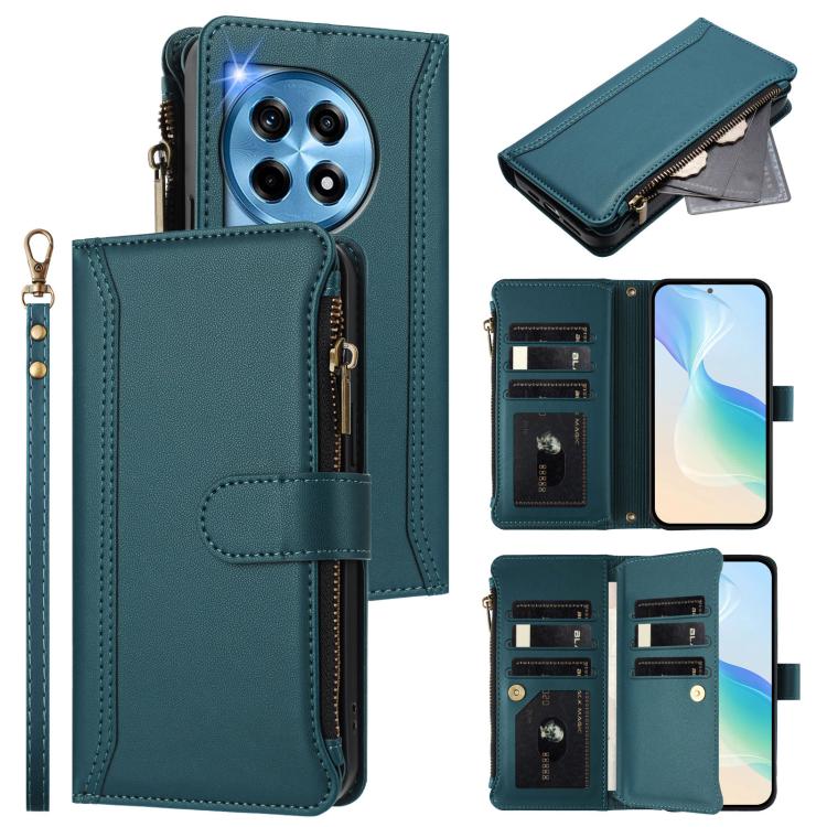 Magnetic Closure 9 Card Slots Zipper Leather Case with Hand Strap, For OnePlus Nord N30 SE 5G, For OnePlus 12R 5G Global, For OnePlus 12 5G Global, For OnePlus Ace 2 Pro 5G