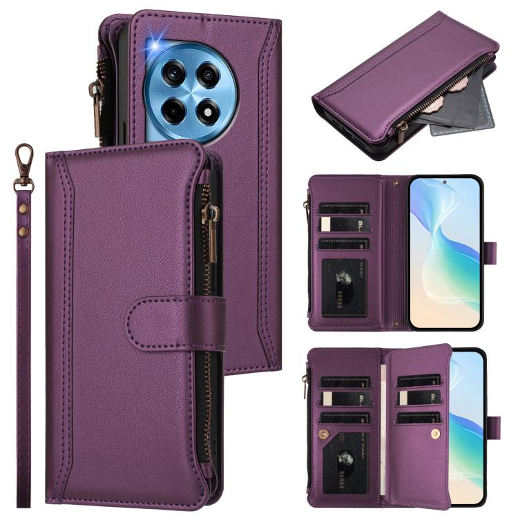 Magnetic Closure 9 Card Slots Zipper Leather Case with Hand Strap, For OnePlus Nord N30 SE 5G, For OnePlus 12R 5G Global, For OnePlus 12 5G Global, For OnePlus Ace 2 Pro 5G