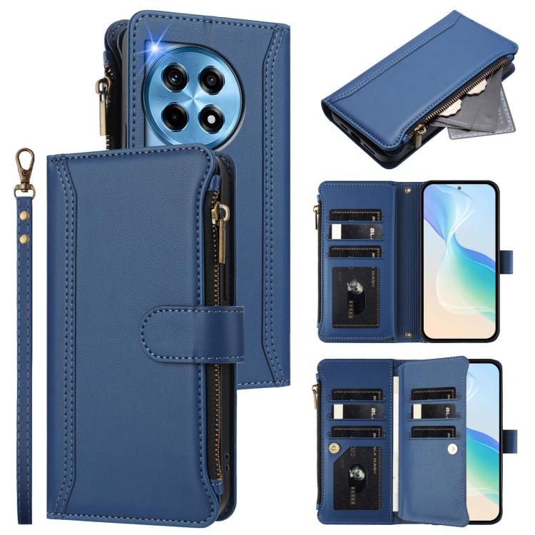 Magnetic Closure 9 Card Slots Zipper Leather Case with Hand Strap, For OnePlus Nord N30 SE 5G, For OnePlus 12R 5G Global, For OnePlus 12 5G Global, For OnePlus Ace 2 Pro 5G