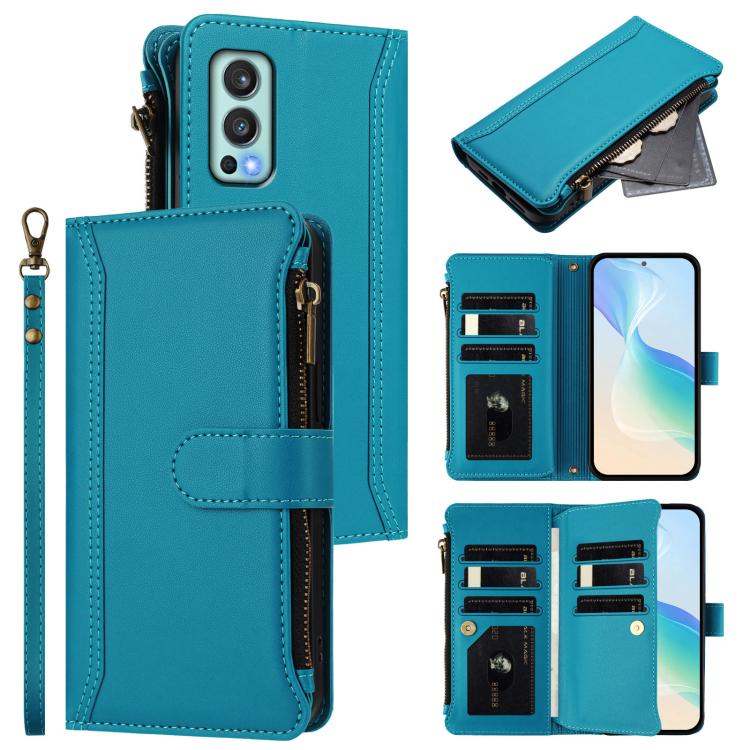 Magnetic Closure 9 Card Slots Zipper Leather Case with Hand Strap, For OnePlus 9R / 8T, For OnePlus Nord 2 5G, For OnePlus 9 Pro, For OnePlus 9