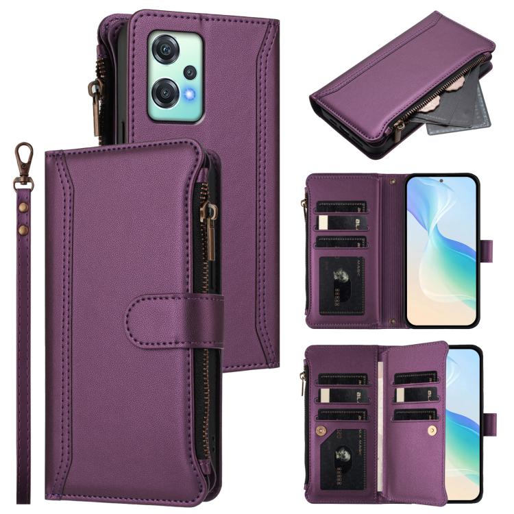 Magnetic Closure 9 Card Slots Zipper Leather Case with Hand Strap, For OnePlus Nord 4 5G Global, For OnePlus Nord CE4 Lite 5G Global, For OnePlus Nord CE 2 Lite 5G, For OnePlus Nord CE4 5G