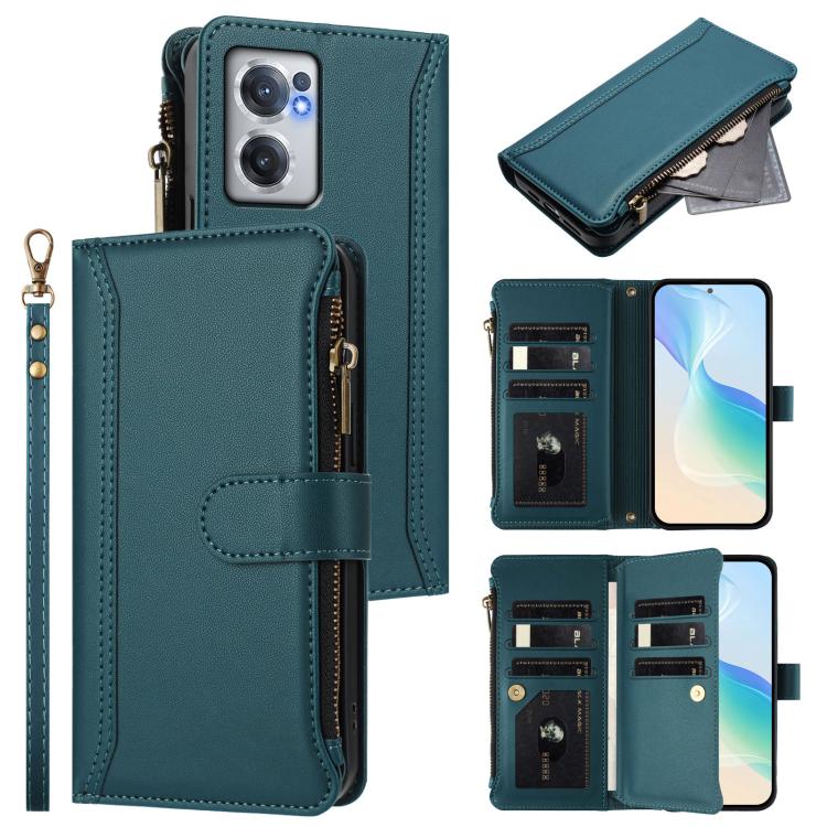 Magnetic Closure 9 Card Slots Zipper Leather Case with Hand Strap, For OnePlus 10R / Ace, For OnePlus Nord CE 2 5G, For OnePlus 10 Pro 5G, For OnePlus Nord N200 5G