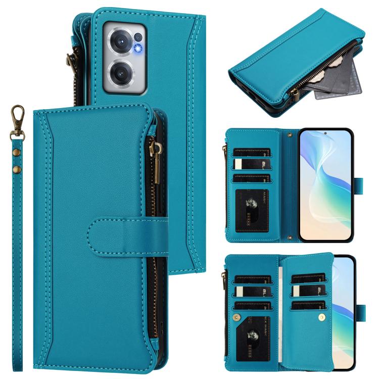 Magnetic Closure 9 Card Slots Zipper Leather Case with Hand Strap, For OnePlus 10R / Ace, For OnePlus Nord CE 2 5G, For OnePlus 10 Pro 5G, For OnePlus Nord N200 5G