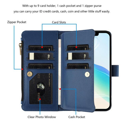 Magnetic Closure 9 Card Slots Zipper Leather Case with Hand Strap, For OnePlus Turbo 6X Pro 5G, For OnePlus Nord CE6 Lite, For OnePlus Turbo 6V / Turbo 6, For OnePlus Ace 5 Ultra