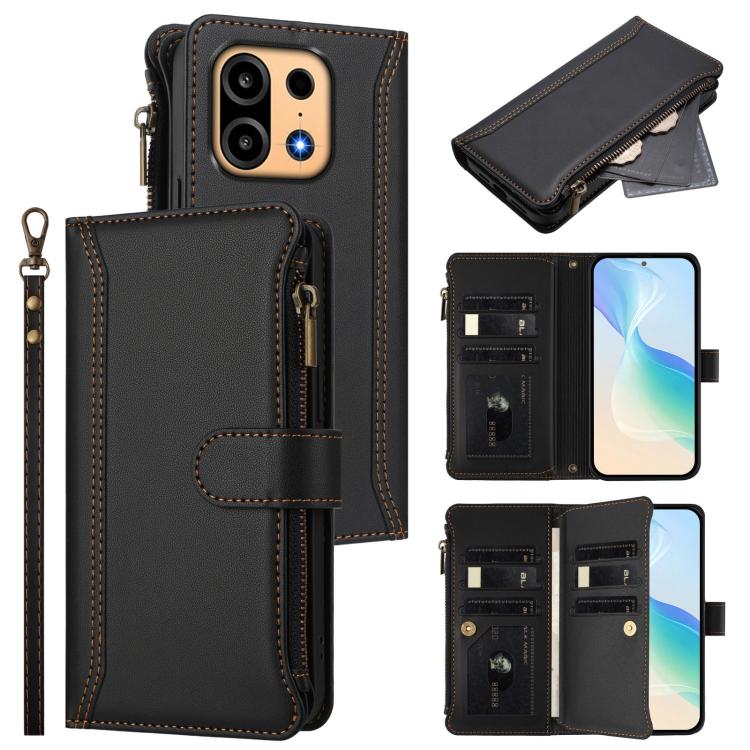 Magnetic Closure 9 Card Slots Zipper Leather Case with Hand Strap, For OnePlus Turbo 6X Pro 5G, For OnePlus Nord CE6 Lite, For OnePlus Turbo 6V / Turbo 6, For OnePlus Ace 5 Ultra