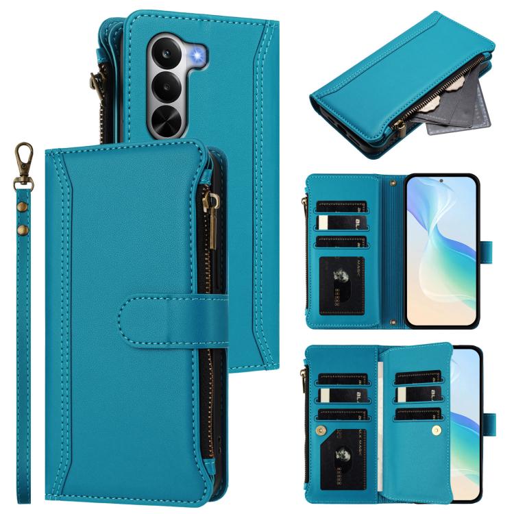 Magnetic Closure 9 Card Slots Zipper Leather Case with Hand Strap, For OnePlus Turbo 6X Pro 5G, For OnePlus Nord CE6 Lite, For OnePlus Turbo 6V / Turbo 6, For OnePlus Ace 5 Ultra