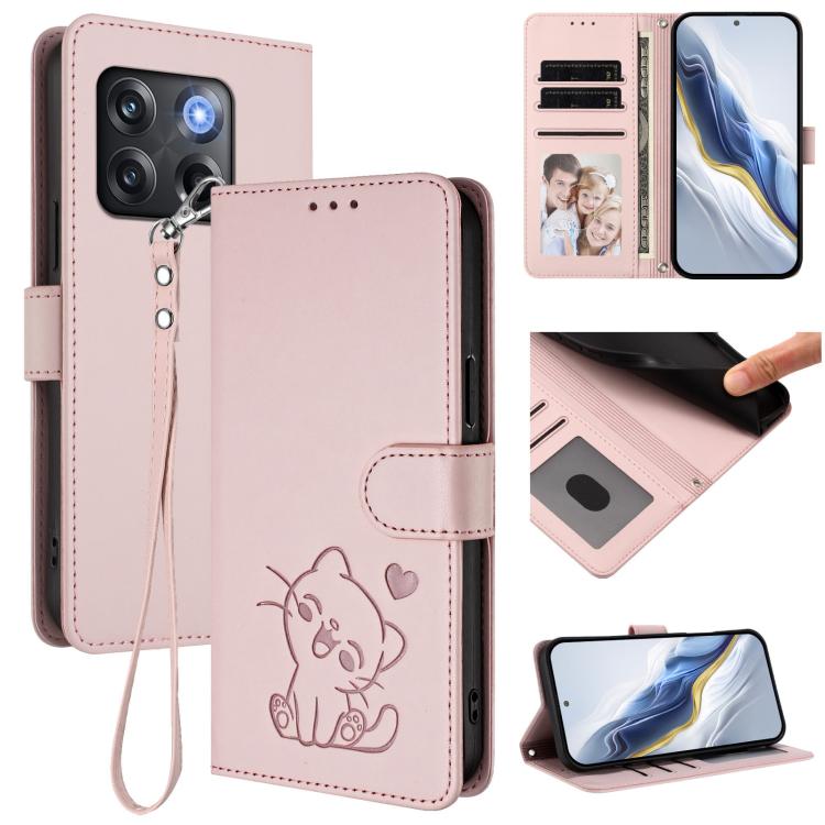 Embossed Heart Cat Leather Phone Case with Hand Strap, For OnePlus Nord N300, For OnePlus 10T 5G / Ace Pro 5G