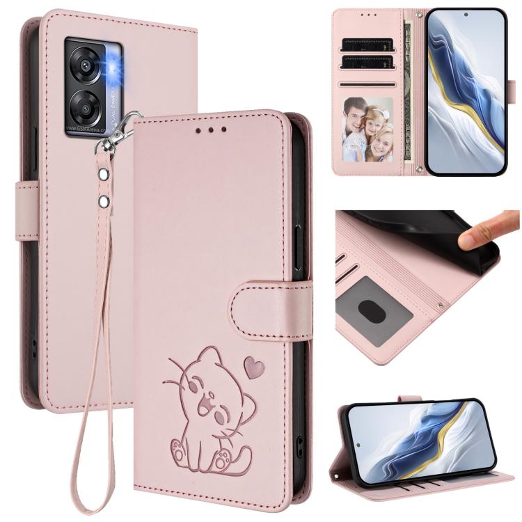 Embossed Heart Cat Leather Phone Case with Hand Strap, For OnePlus Nord N300, For OnePlus 10T 5G / Ace Pro 5G