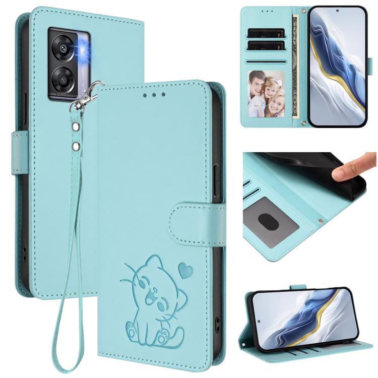 Embossed Heart Cat Leather Phone Case with Hand Strap, For OnePlus Nord N300, For OnePlus 10T 5G / Ace Pro 5G
