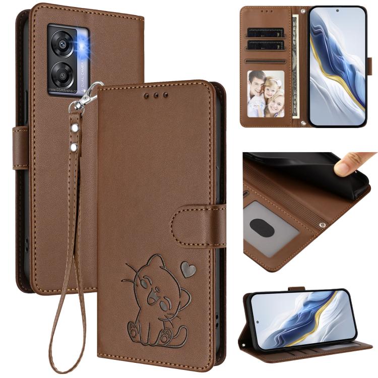 Embossed Heart Cat Leather Phone Case with Hand Strap, For OnePlus Nord N300, For OnePlus 10T 5G / Ace Pro 5G