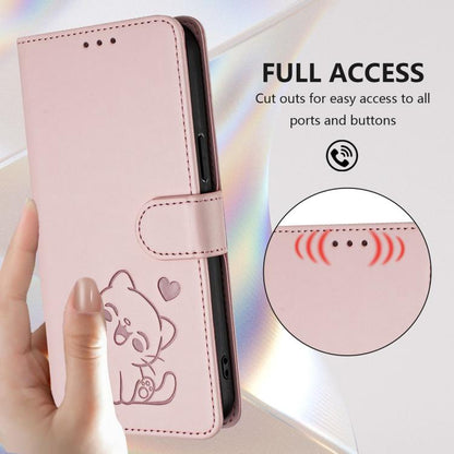 Embossed Heart Cat Leather Phone Case with Hand Strap, For OnePlus Turbo 6X Pro 5G, For OnePlus Turbo 6 / 6V 5G