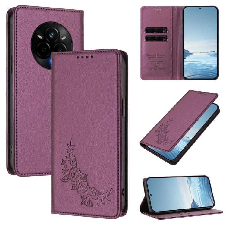 Peony Embossed Magnetic RFID Vegan Leather Phone Case, For Realme C75 5G / V70 / 14x Global, For Realme 14 Pro 5G India / Narzo 80 Pro