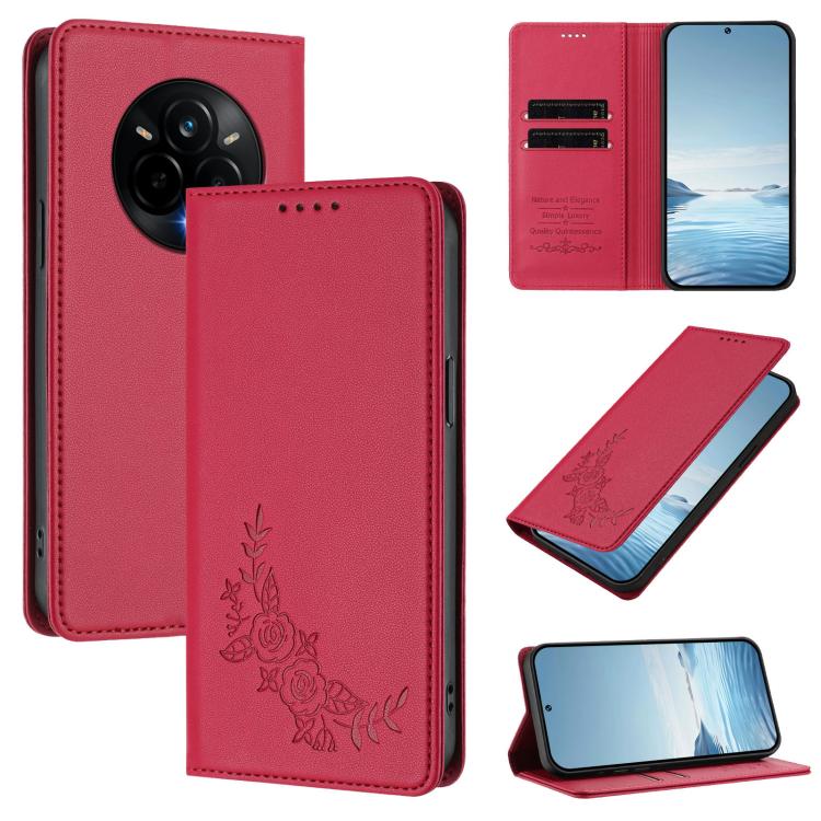 Peony Embossed Magnetic RFID Vegan Leather Phone Case, For Realme C75 5G / V70 / 14x Global, For Realme 14 Pro 5G India / Narzo 80 Pro