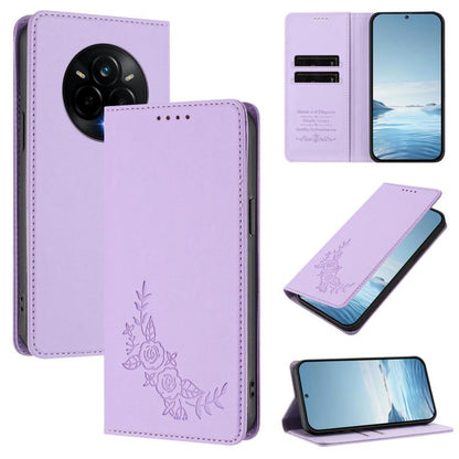 Peony Embossed Magnetic RFID Vegan Leather Phone Case, For Realme C75 5G / V70 / 14x Global, For Realme 14 Pro 5G India / Narzo 80 Pro