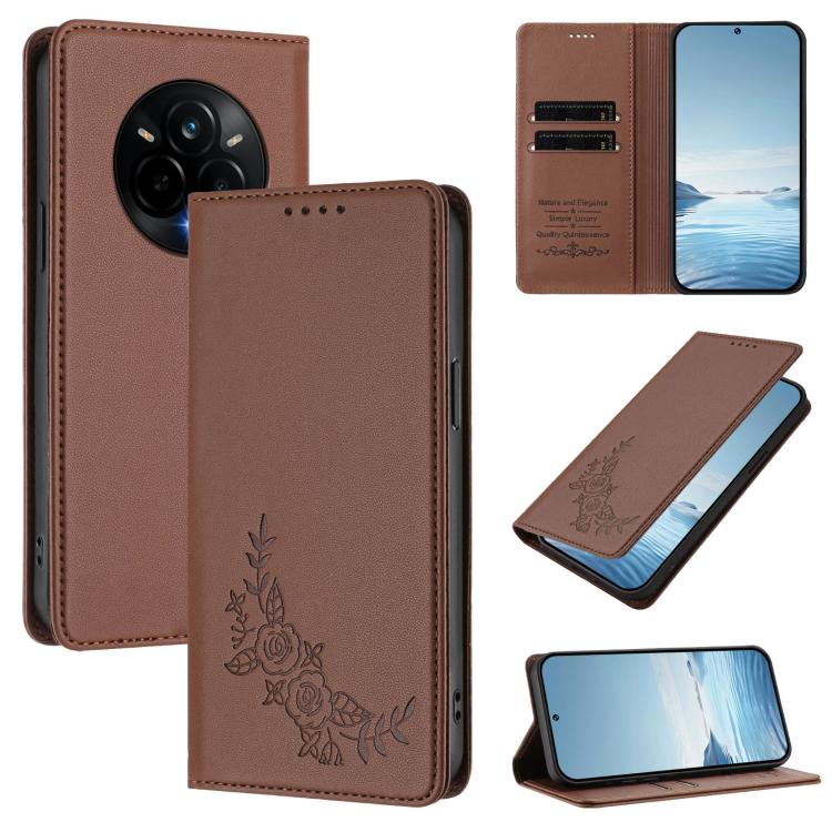 Peony Embossed Magnetic RFID Vegan Leather Phone Case, For Realme C75 5G / V70 / 14x Global, For Realme 14 Pro 5G India / Narzo 80 Pro