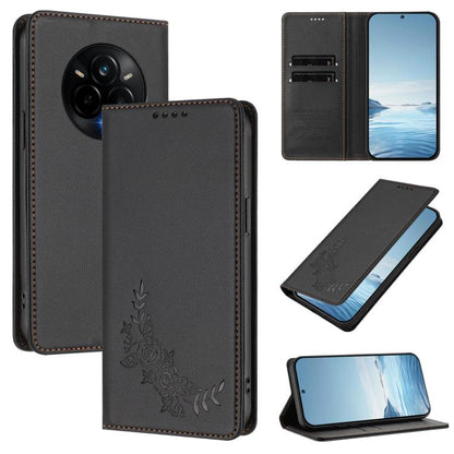 Peony Embossed Magnetic RFID Vegan Leather Phone Case, For Realme C75 5G / V70 / 14x Global, For Realme 14 Pro 5G India / Narzo 80 Pro