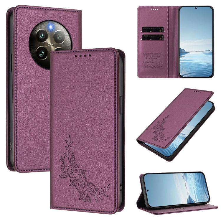 Peony Embossed Magnetic RFID Vegan Leather Phone Case, For Realme 13+, For Realme 13 4G / 12 4G / 12+ / Narzo 70 / P1