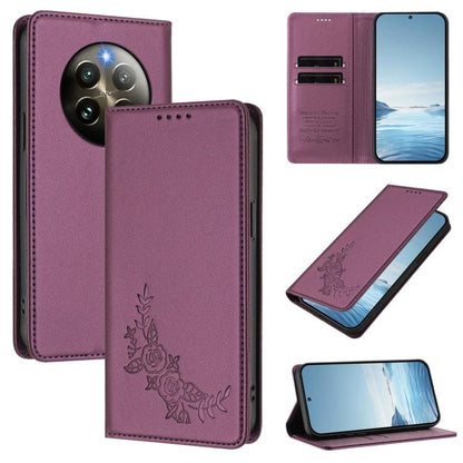 Peony Embossed Magnetic RFID Vegan Leather Phone Case, For Realme 13+, For Realme 13 4G / 12 4G / 12+ / Narzo 70 / P1
