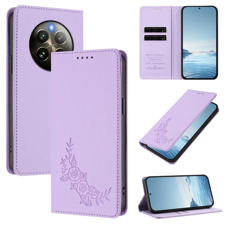 Peony Embossed Magnetic RFID Vegan Leather Phone Case, For Realme 13+, For Realme 13 4G / 12 4G / 12+ / Narzo 70 / P1