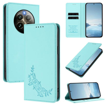 Peony Embossed Magnetic RFID Vegan Leather Phone Case, For Realme 13+, For Realme 13 4G / 12 4G / 12+ / Narzo 70 / P1