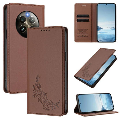 Peony Embossed Magnetic RFID Vegan Leather Phone Case, For Realme 13+, For Realme 13 4G / 12 4G / 12+ / Narzo 70 / P1