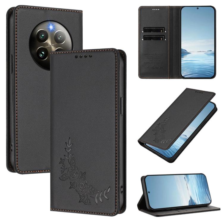 Peony Embossed Magnetic RFID Vegan Leather Phone Case, For Realme 13+, For Realme 13 4G / 12 4G / 12+ / Narzo 70 / P1