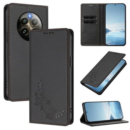 Peony Embossed Magnetic RFID Vegan Leather Phone Case, For Realme 13+, For Realme 13 4G / 12 4G / 12+ / Narzo 70 / P1