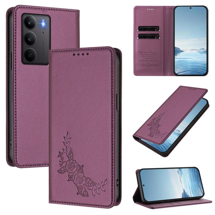 Peony Embossed Magnetic RFID Vegan Leather Phone Case, For Realme C75 4G / Narzo 80x / 14x India, For Realme 14 / 14T 5G / P3 5G