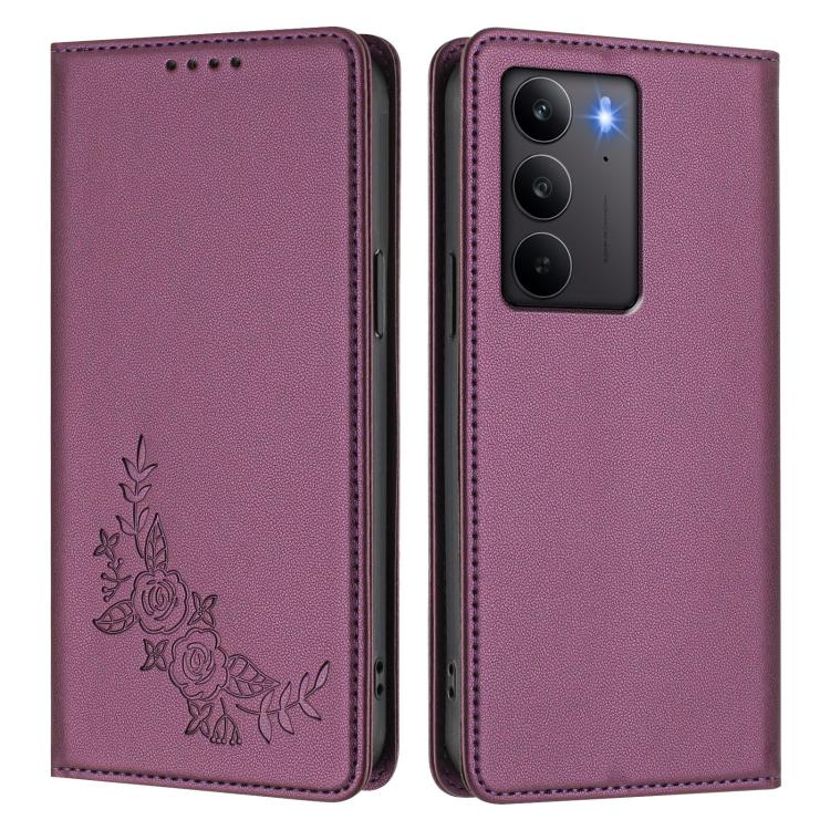 Peony Embossed Magnetic RFID Vegan Leather Phone Case, For Realme C75 4G / Narzo 80x / 14x India, For Realme 14 / 14T 5G / P3 5G