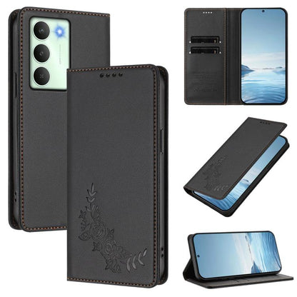 Peony Embossed Magnetic RFID Vegan Leather Phone Case, For Realme C75 5G / V70 / 14x Global, For Realme 14 Pro 5G India / Narzo 80 Pro
