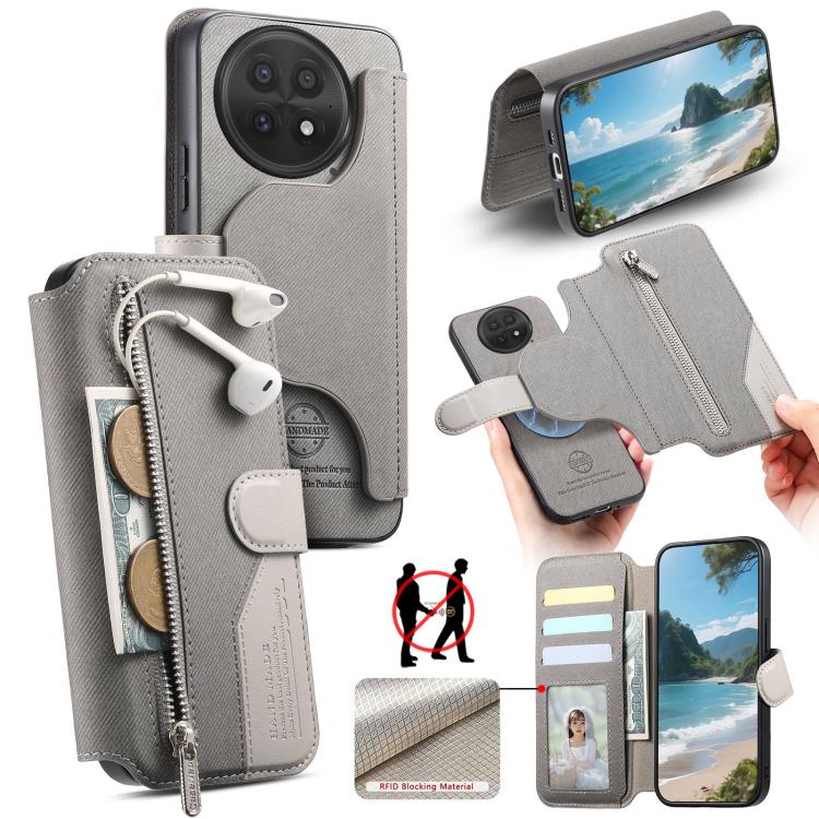 Twill Fabric MagSafe RFID Anti-theft Zipper Wallet Leather Phone Case, For OnePlus Ace 6 / 6T, For OnePlus 15, For OnePlus 13R, For OnePlus 13