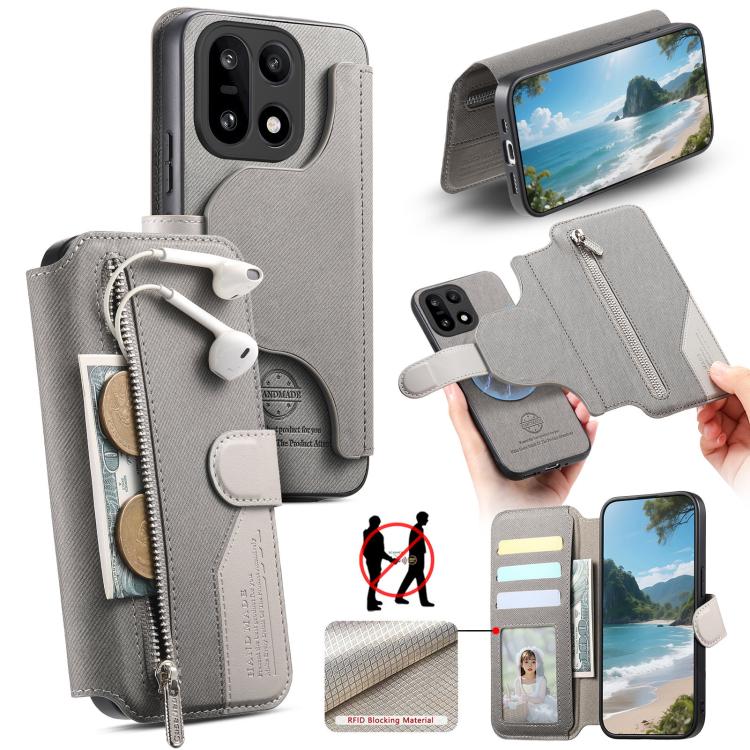 Twill Fabric MagSafe RFID Anti-theft Zipper Wallet Leather Phone Case, For OnePlus Ace 6 / 6T, For OnePlus 15, For OnePlus 13R, For OnePlus 13