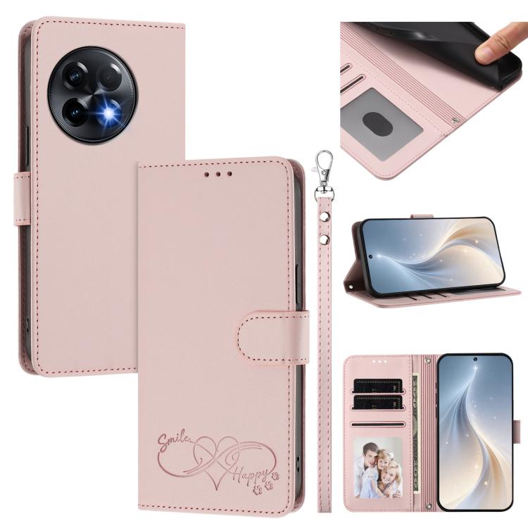 Happy Heart Pattern Magnetic Closure Vegan Leather Phone Case with Wrist Strap, For OnePlus Nord 3 / Ace 2V, For OnePlus 11R 5G Global