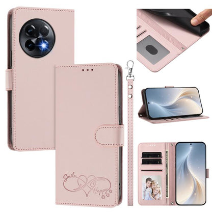 Happy Heart Pattern Magnetic Closure Vegan Leather Phone Case with Wrist Strap, For OnePlus Nord 3 / Ace 2V, For OnePlus 11R 5G Global