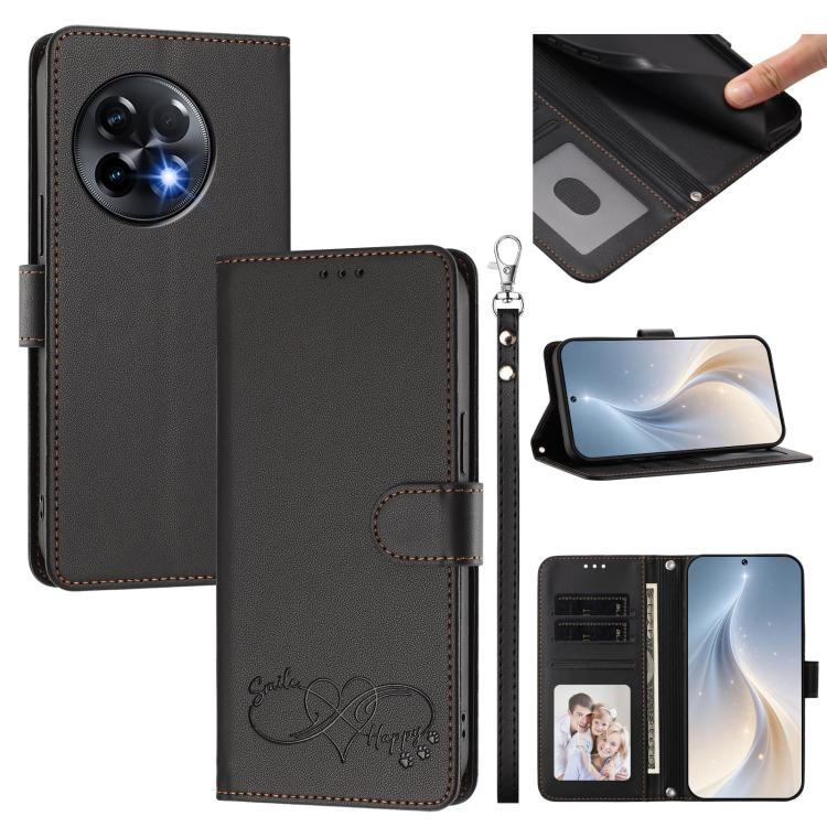 Happy Heart Pattern Magnetic Closure Vegan Leather Phone Case with Wrist Strap, For OnePlus Nord 3 / Ace 2V, For OnePlus 11R 5G Global