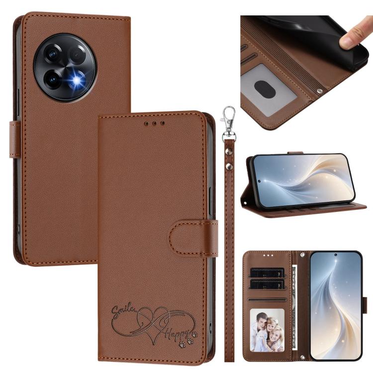 Happy Heart Pattern Magnetic Closure Vegan Leather Phone Case with Wrist Strap, For OnePlus Nord 3 / Ace 2V, For OnePlus 11R 5G Global