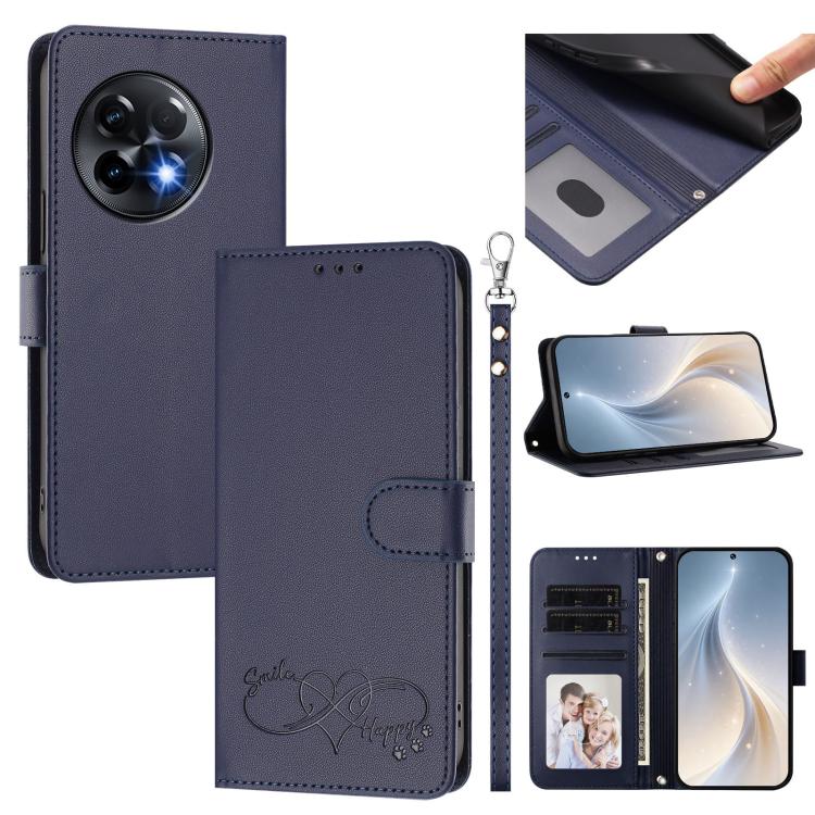 Happy Heart Pattern Magnetic Closure Vegan Leather Phone Case with Wrist Strap, For OnePlus Nord 3 / Ace 2V, For OnePlus 11R 5G Global