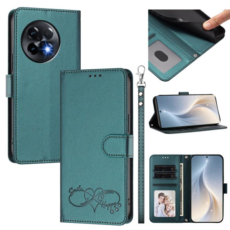 Happy Heart Pattern Magnetic Closure Vegan Leather Phone Case with Wrist Strap, For OnePlus Nord 3 / Ace 2V, For OnePlus 11R 5G Global