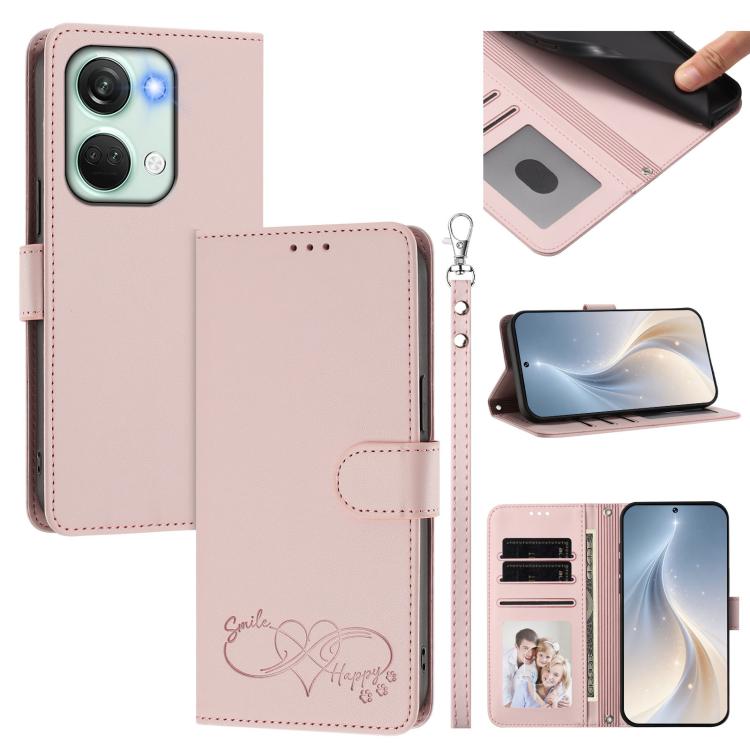Happy Heart Pattern Magnetic Closure Vegan Leather Phone Case with Wrist Strap, For OnePlus Nord 3 / Ace 2V, For OnePlus 11R 5G Global