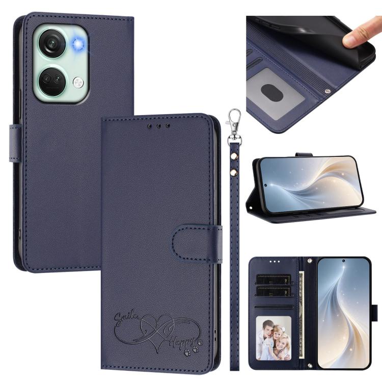 Happy Heart Pattern Magnetic Closure Vegan Leather Phone Case with Wrist Strap, For OnePlus Nord 3 / Ace 2V, For OnePlus 11R 5G Global