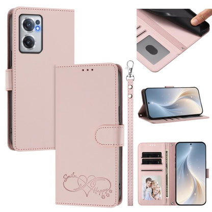 Happy Heart Pattern Magnetic Closure Vegan Leather Phone Case with Wrist Strap, For OnePlus 10R / Ace / 10R Prime, For OnePlus Nord CE 2 5G