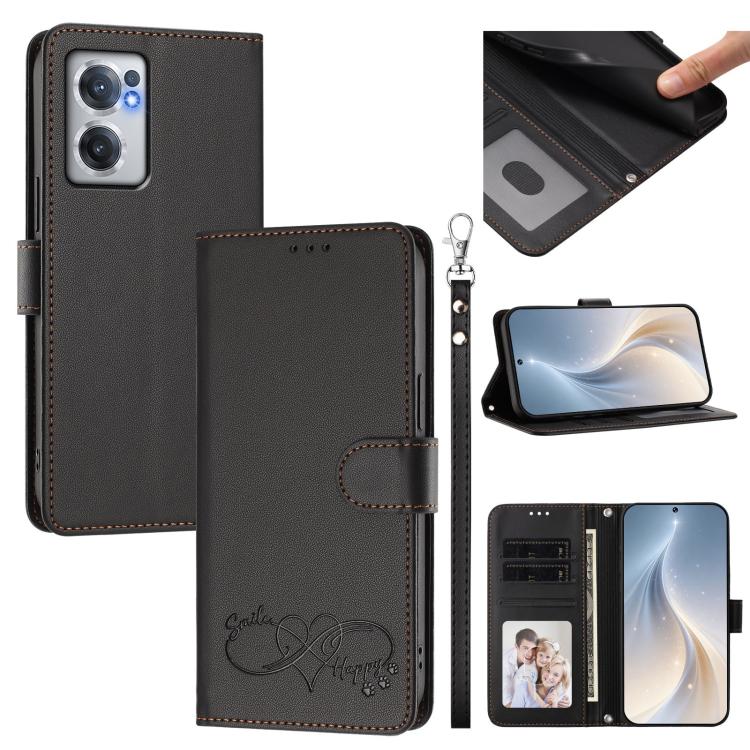 Happy Heart Pattern Magnetic Closure Vegan Leather Phone Case with Wrist Strap, For OnePlus 10R / Ace / 10R Prime, For OnePlus Nord CE 2 5G