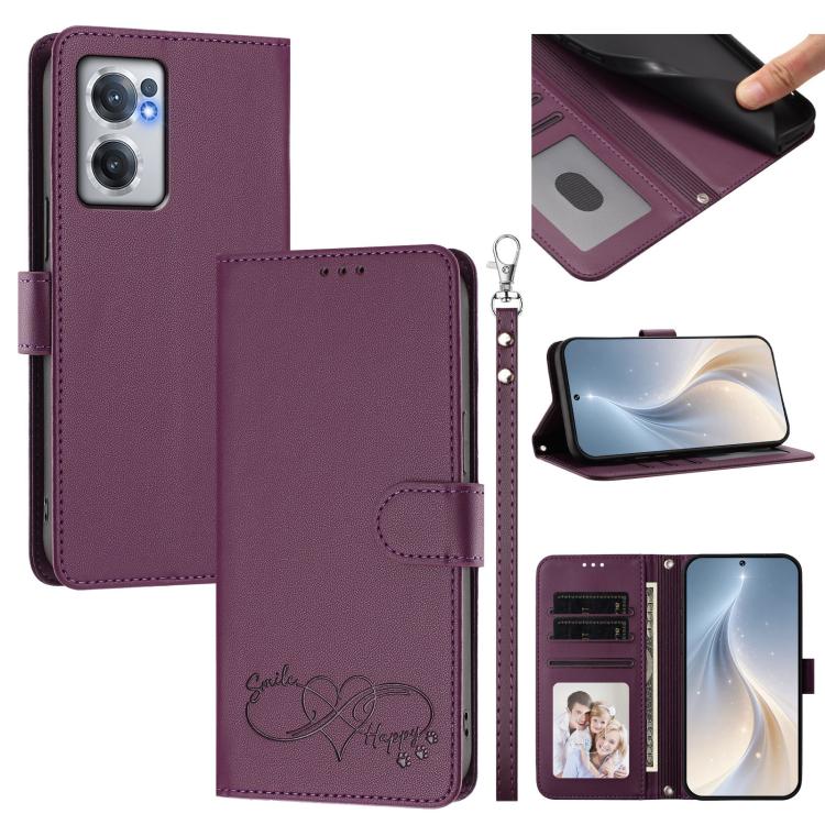 Happy Heart Pattern Magnetic Closure Vegan Leather Phone Case with Wrist Strap, For OnePlus 10R / Ace / 10R Prime, For OnePlus Nord CE 2 5G