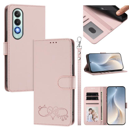 Happy Heart Pattern Magnetic Closure Vegan Leather Phone Case with Wrist Strap, For OnePlus Nord CE4 Lite 5G Global, For OnePlus Nord CE4 5G